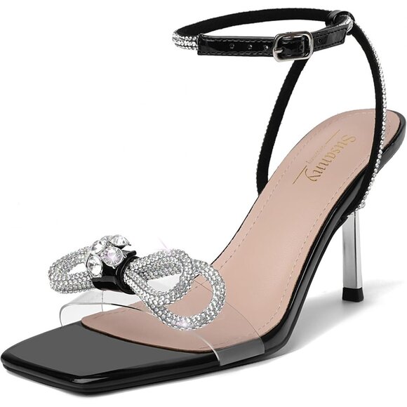 Women's Black+bl Closed Toe Rhinestone Wedding Low Slingback Clear Kitten Heels - Picture 2 of 9